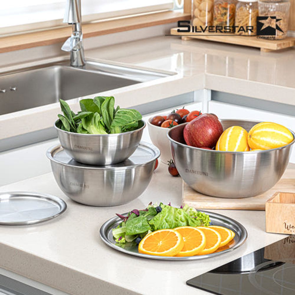 [SILVERSTAR] Stainless Steel Mixing Bowl Set(Including the lid) – Durable, Stain & Odor Resistant, Built-In Measuring Scale, No-Spill Water Nozzle Design - Made in Korea